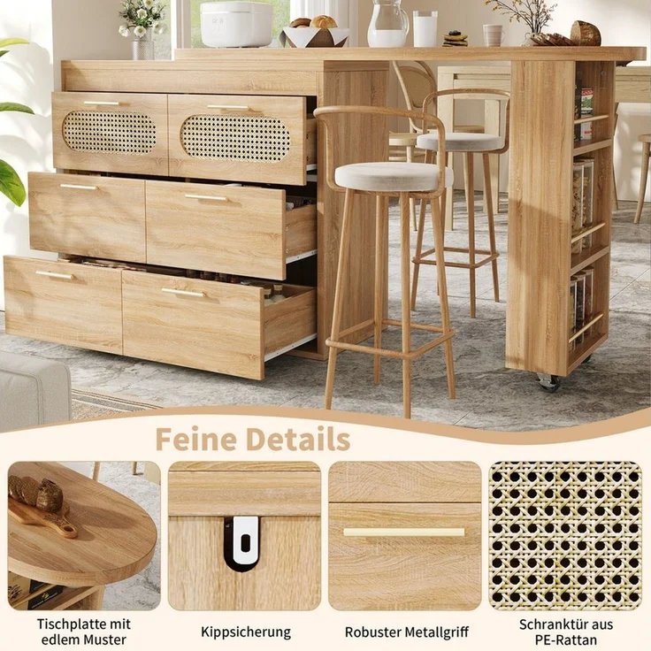 MODFU Bartisch 360° Drehbarer Bartisch,Kücheninsel, Reversibel Tisch (PE Rattan Türen, mit Kippsicherung, viel Stauraum, 1-St) – Bild 3