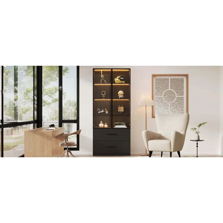 ZUBALIYA LED-Vitrine 60×40×160 cm - Glasvitrine, Bücherregal und Multifunktionsschrank mit Beleuchtung und Schubladen, mit Aluminiumrahmen, Hartglastüren und sanft schließenden Scharnieren, mehrfarbige LED – Bild 16