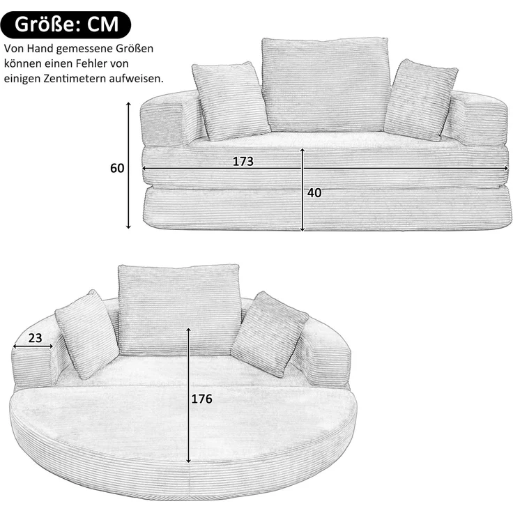 Schlafsofa 173x176 cm in Schwarz, klappbar mit 3 Kissen und Cordstoff – Bild 5