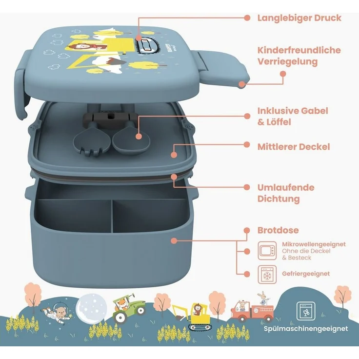 BEARFOOT Lunchbox Brotdose Kinder mit Fächern, leicht & auslaufsicher - Bagger, Kindergarten und Schule - Mädchen und Jungen, Vesperbox, Snackbox