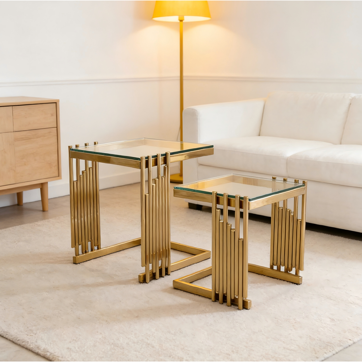 Beistelltisch-Set 41 x 41 x 46 cm in Gold und Klar mit Glasplatte und Edelstahlgestell