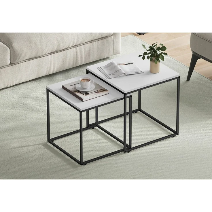 Home Collective Couchtisch 2er Set Beistelltisch Loft Design 2in1 Verschachtelung Wohnzimmer, kratzfeste Oberfläche 50&45cm weiß schwarzen Beinen quadratisch – Bild 1