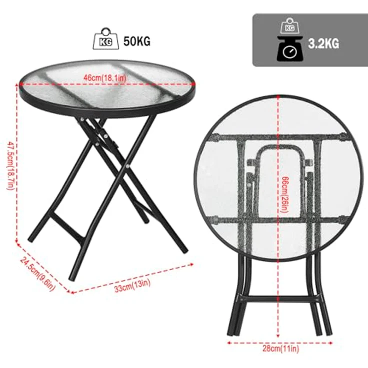 eSituro Klapptisch, Beistelltisch klappbar, Balkontisch Campingtisch Gartentisch Bistrotisch, mit Metallrahmen, runde Tischplatte aus gehärtetem Glas, φ46x47,5 cm, Schwarz+transparent – Bild 3