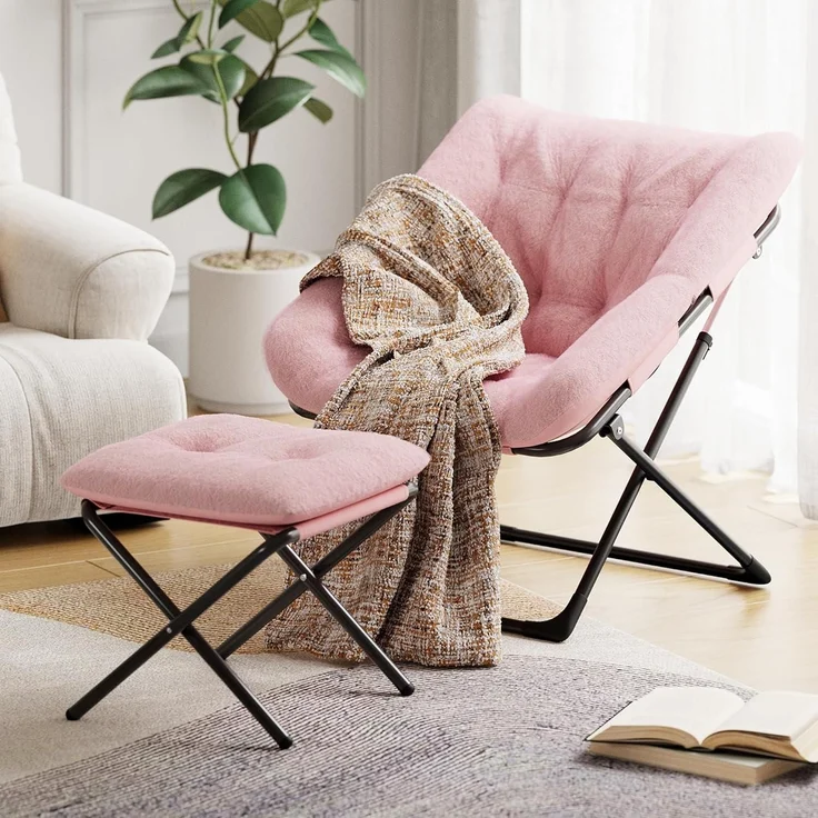 Relaxsessel Ohrensessel Klappsessel Kaninchenfell Rosa – Bild 2