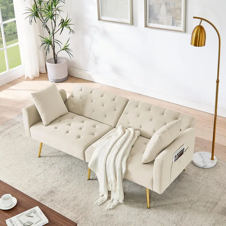 Ball & Cast Klappsofa, kleines Schlafsofa mit Schlaffunktion aus Samtstoff, 3-Fach verstellbare Winkel, praktische Mini-Couch für Wohnungen und Wohnzimmer, Beige