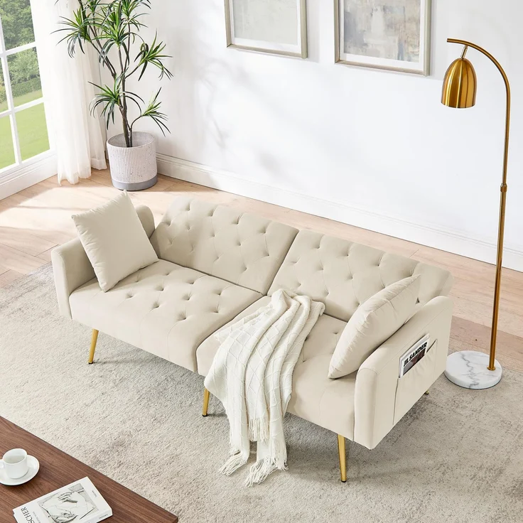 Ball & Cast Klappsofa, kleines Schlafsofa mit Schlaffunktion aus Samtstoff, 3-Fach verstellbare Winkel, praktische Mini-Couch für Wohnungen und Wohnzimmer, Beige