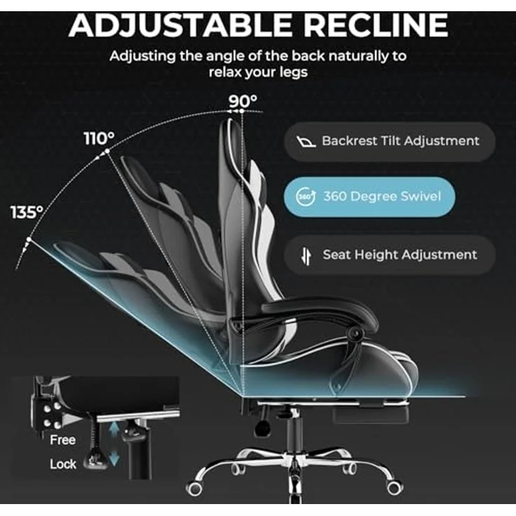 GTPLAYER Gaming Stuhl Ergonomischer Schreibtischstuhl Drehstuhl, Chefsessel mit Wippfunktion, bis 136 kg belastbar, Verlängerte und Verbreiterte Rückenlehne, Weiß – Bild 4