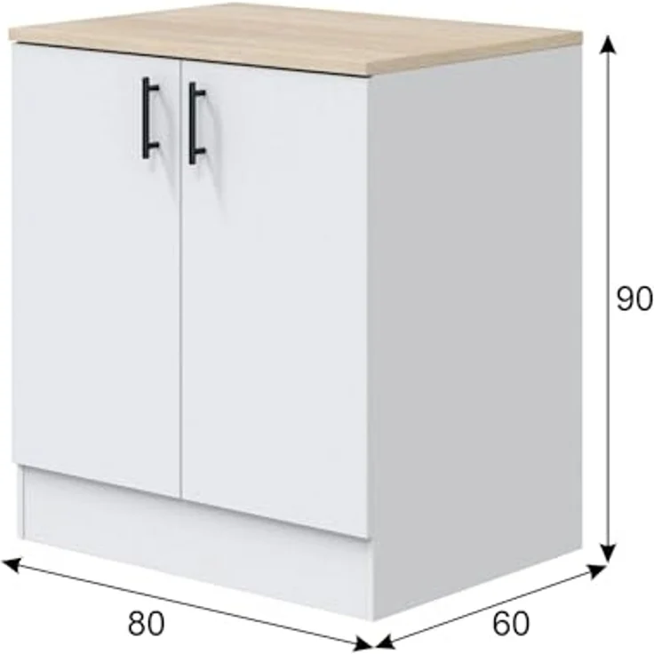 Dmora - Unterschrank 2 Türen Deruta, Unterbauschrank, Schrank mit Türen, Basisstruktur für Spüle, 80x60 h90 cm, Weiß und Eiche – Bild 2