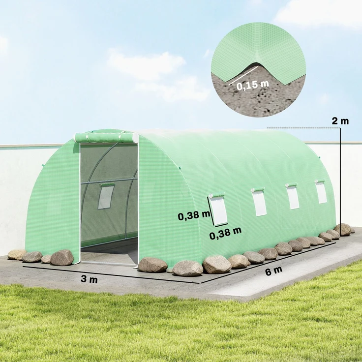 MELAYR, Tunnelgewächshaus 6x3x2 m mit Rolltor, 8 Gitterfenstern und grün verzinkter Stahlkonstruktion – Bild 5