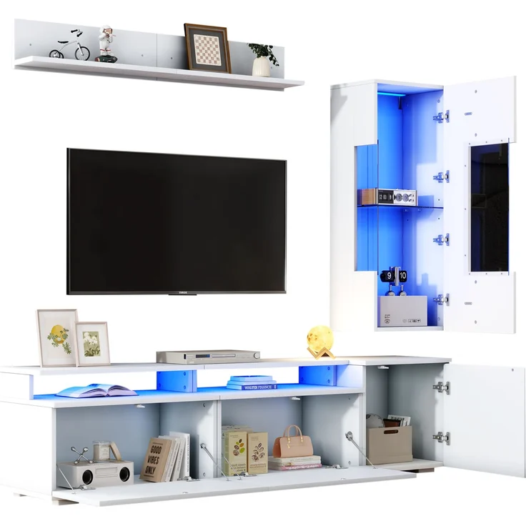 TV Wohnwand Set 3-teilig LED Beleuchtung Hochglanz Wohnzimmer Möbel Set Frontale Wohnwand 1 x TV Schrank, 1 x Wohnzimmer Vitrine, 1 x Hängeregal, TV bis 80' Weiß--Weiß--77.5x54.61x22cm--YOUDENOVA – Bild 10