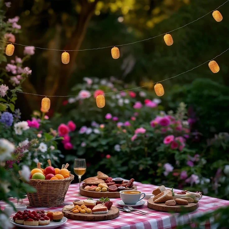 Spetebo LED-Lichterkette Solar Deko Beleuchtung mit 10 ovalen Lampions in Rattan Optik - 450 cm, 10-flammig, mit integriertem Akku – Bild 8