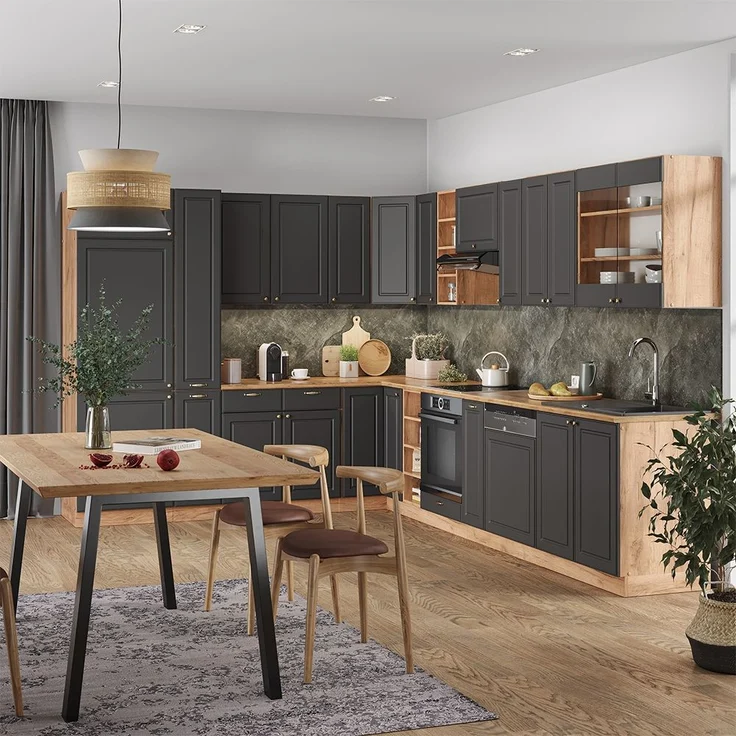 Eckküche Fame-Line Anthrazit Landhaus/Goldkraft Eiche 347 x 60 cm , AP Marmor Vicco – Bild 1