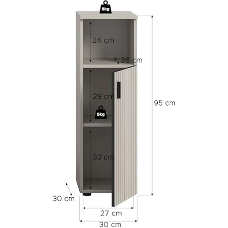 xonox. home – Badschrank Mone 30x95x30 cm in Kaschmir Nachbildung – Kompakter Standschrank mit 1 Tür & offenem Fach – Flexibler Türanschlag, Zeitloses Design & vielseitig kombinierbares Möbelstück – Bild 3