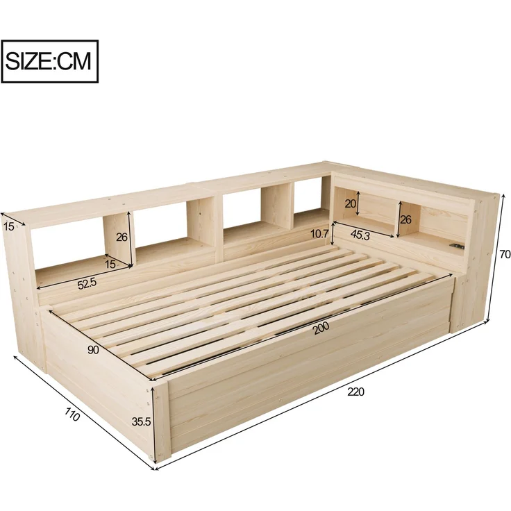 Multifunktionsbett 90×200 cm mit Bettkasten, LED-Lichtleiste und Steckdose, Holzfarbe, ohne Matratze – Bild 5