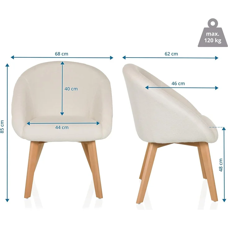 hjh LIVING Esszimmerstuhl aus weichem Bouclé-Stoff Scandi TED Polsterstuhl Sessel mit Holzbeinen, bequem gespolstert, Weiß – Bild 3