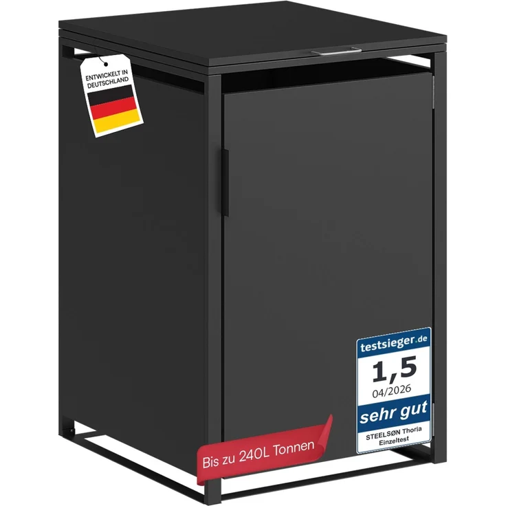 STEELSØN 'Thoria' Mülltonnenbox 1er je 240 Liter, graphitschwarz, Mülltonnenverkleidung aus Stahl, wetterfest, 116x80x69 cm, Müllbox für 1 Tonne – Bild 1