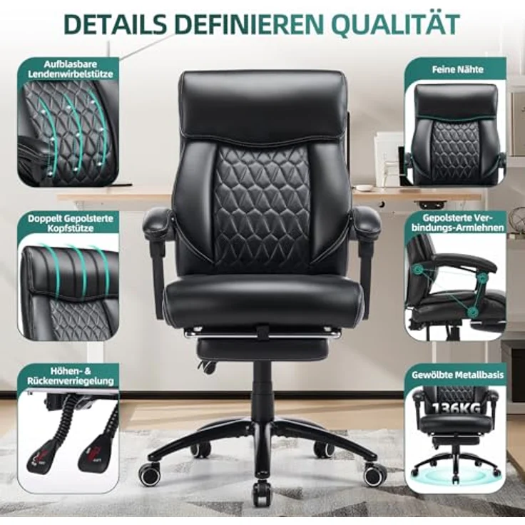 COLAMY Ergonomischer Chefsessel mit Fußstütze, gepolsterten Hochklapparmen und Kippverstellung für langes Arbeiten im Homeoffice, Schwarz – Bild 7