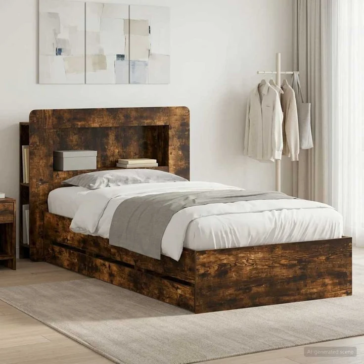 vidaXL Bettgestell mit Stauraum und Kopfteil Räuchereiche 100 x 200 cm 3434013 – Bild 1