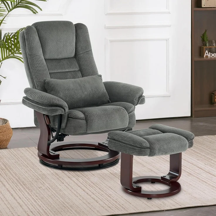Relaxsessel mit Liegefunktion, 360°Drehbarer Fernsehsessel mit Hocker, bis 120 Kg Belastbarer TV-Sessel für Wohnzimmer, mit Kissen & Seitentasche, Lesesessel Bequem, 9099 (Grau-Stoff) – Bild 2