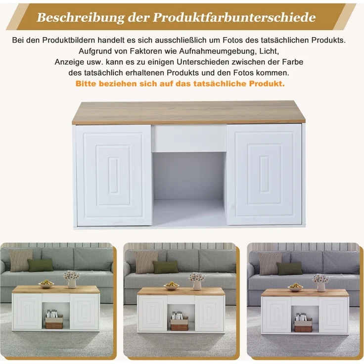 DESVIAE Couchtisch höhenverstellbar mit 2 Schranktüren 95x46x45 cm Spanplatte Weiß/Naturholz – Bild 5