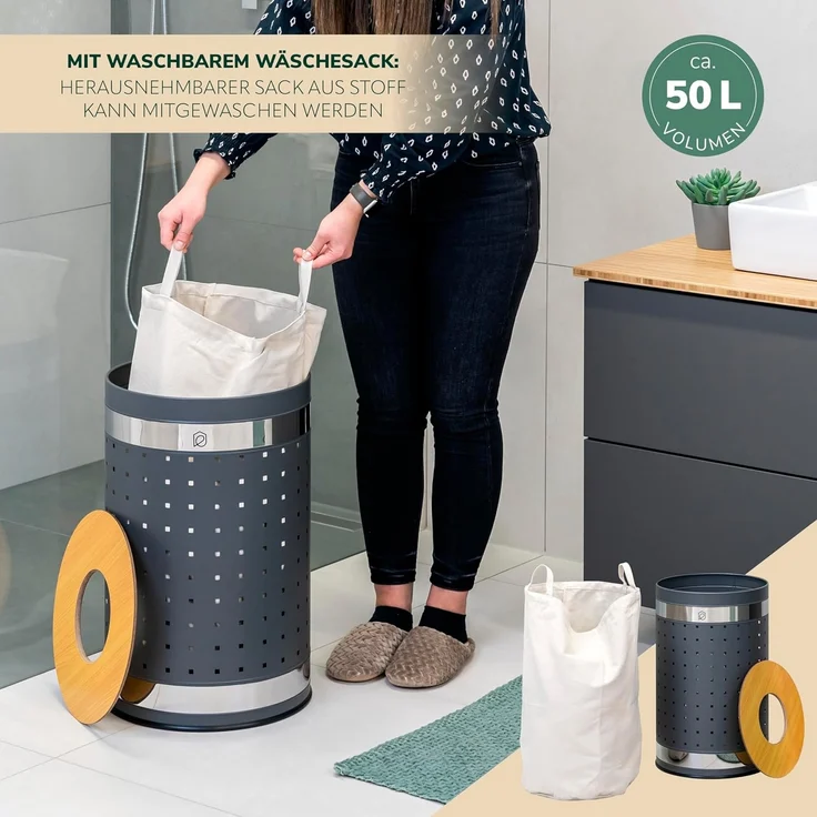 eluno Wäschetonne mit Deckel und Wäschesack rund 50L, aus Metall – Bild 3