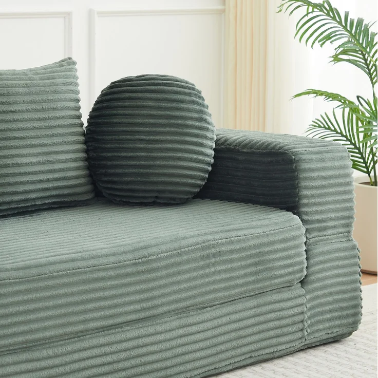 Schlafsofa aus Cord, 4-in-1 umbaubar zum runden Tagesbett, 180x183x55 cm, Grün – Bild 9