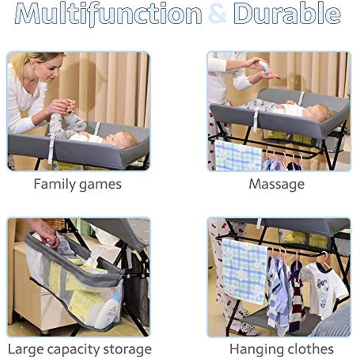 OHMG Baby Wickelkombi Klappbare Wickelkommode,Wickeltisch mit Rollen,Mobiler Wickeltisch mit Wickelauflage,Sicherheitsgurt und Ablagefächern,Wasserdicht und Höhenverstellbar,Stabil – Bild 6