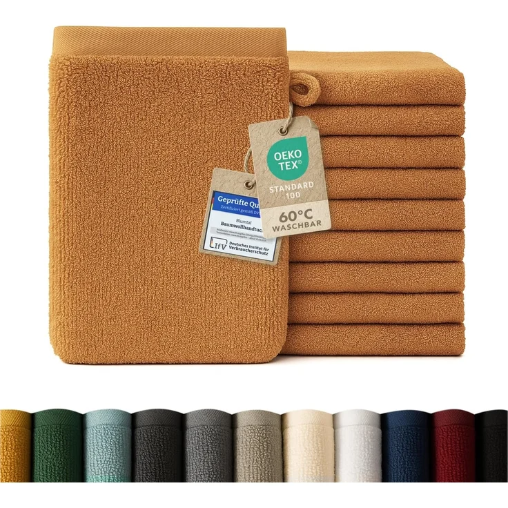 Blumtal Waschhandschuh 10er Set aus Frottee 15x20 cm - weich und saugstark, (Set), mit modischer Bordüre und praktischer Aufhängeschlaufe, 100% Baumwolle – Bild 1