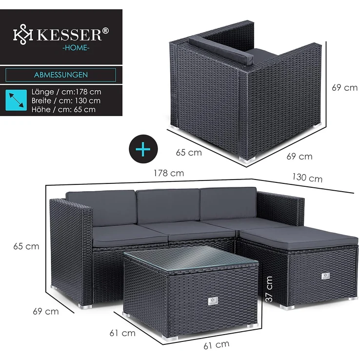 KESSER® Polyrattan Lounge Aruba – Gartenlounge für 4-5 Personen Gartenmöbel-Set Sitzgruppe aus 3er Gartensofa, Sessel, Hocker und Beistelltisch mit Sitzkissen - für Garten, Terrasse und Balkon Anthrazit – Bild 7