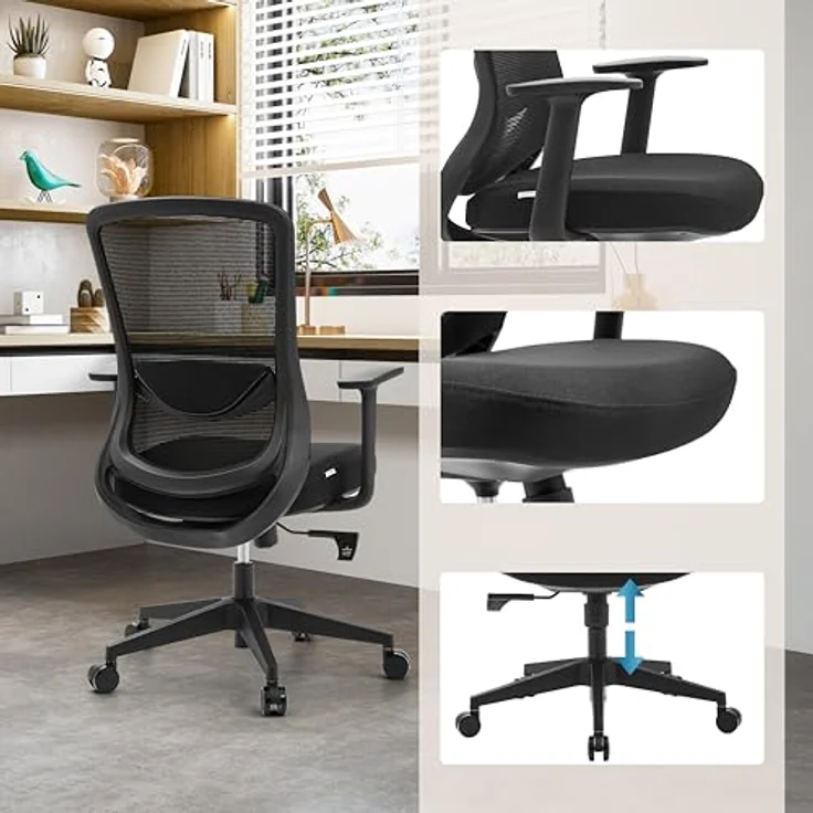 hjh OFFICE Ergonomischer Bürostuhl Sedito – Drehstuhl mit Verstellbarer Netz-Rückenlehne, Lordosenstütze und Wasserfallsitz, Schwarz/Schwarz – Bild 4