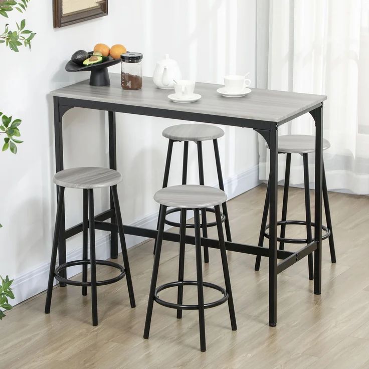 Stehtisch mit 4 Hockern, Fußstützen, schwarzes Metall und Holzoptik, für Küche und Esszimmer, Cecodadi – Bild 3
