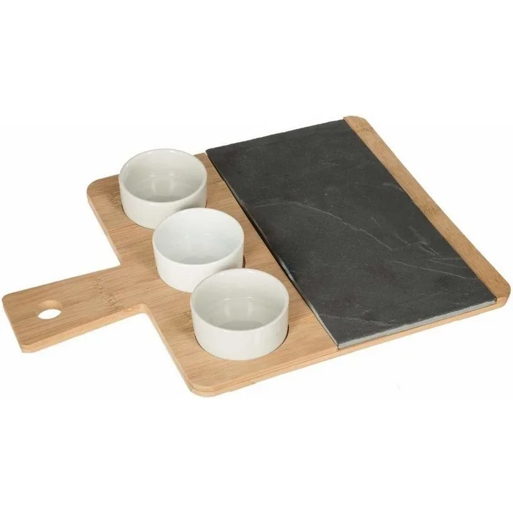 Serviertablett, 4-teiliges Set, 35,5x26 cm, Bambus und Schiefer