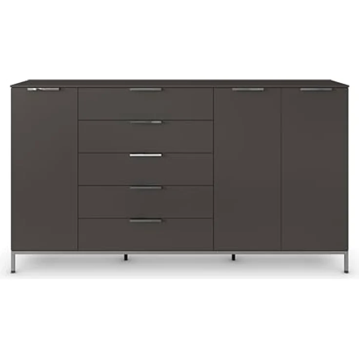 Rauch Möbel Flipp, Nachttisch für Schlafzimmer, Flur, Garderobe, 3-türig, 5 Schubladen, mit Softclose-Funktion, Griffe und Metallkufe Chrom, Farbe Graphit, Schwarz, Breite 199 cm – Bild 6