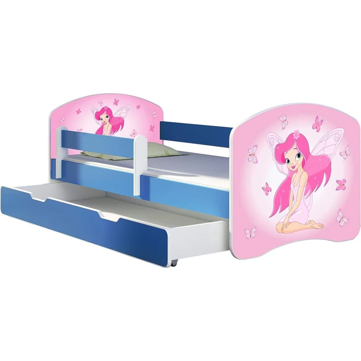 ACMA Kinderbett Jugendbett mit Einer Schublade und Matratze Blau mit Rausfallschutz Lattenrost II 140x70 160x80 180x80 (07 Rosa Fee, 140x70 + Bettkasten) – Bild 1