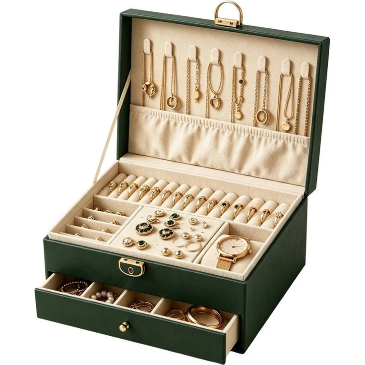 Fyrove Schatzkiste Vintage Schmuckkästchen aus PU-Leder mit Schloss (zwei Schubladen, große Aufbewahrung für Ringe, Ketten, Ohrringe und Uhren, ideales Geschenk für Frauen zum Geburtstag, Weihnachten & Valentinstag) – Bild 1