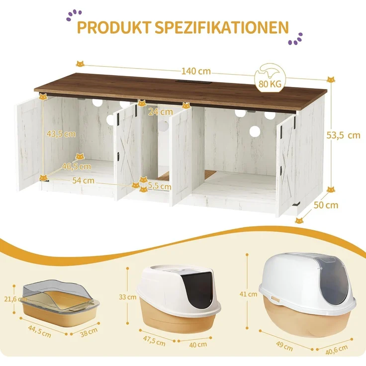 Katzenschrank mit USB-Anschlüssen und Steckdosen, Katzenklo Schrank, 140 cm Verstecktes Katzentoilette für 2 Katzen, Katzenhaus für den Innenbereich mit Katzenglocke, Braun-Weiß – Bild 8