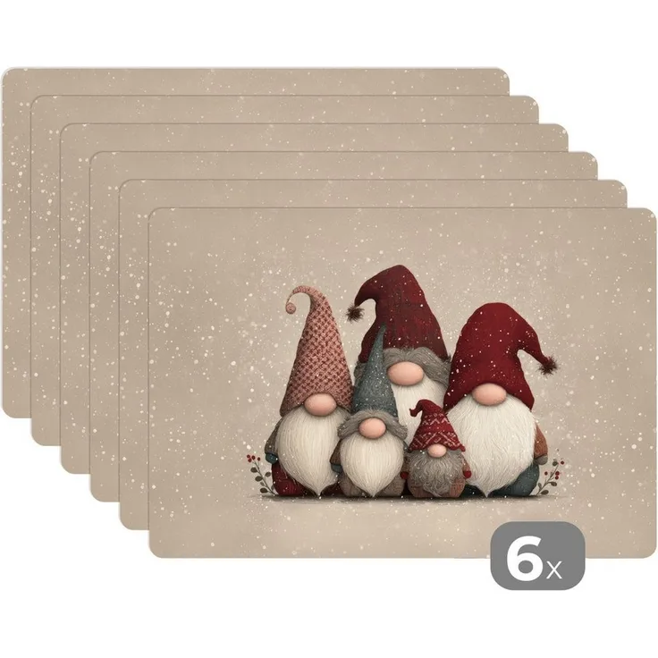 MuchoWow Platzset Wichtel - Weihnachten - Schnee - Zipfelmützen, (6-St), Platzsets, Tischset, Abwaschbar, Tischsets, Platzdeckchen