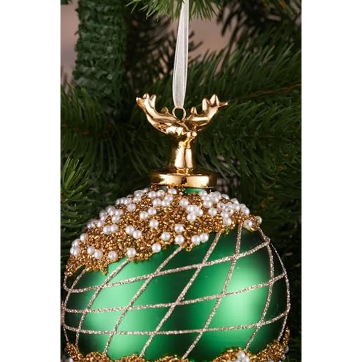 BRUBAKER Weihnachtsbaumkugel Premium Weihnachtskugel mit Porzellan Figur - Handdekorierte Baumkugel (1 St), 10 cm Christbaumschmuck aus Glas mit Perlen Dekorationen und Glitzer – Bild 2