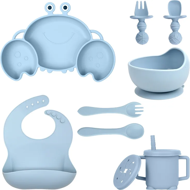 ABC Silikon-Babygeschirr-Set mit Saugnäpfen, 8-teiliges Set, Kinder-Essgeschirr-Set, beinhaltet rutschfeste Teller, Schüsseln, Becher, Löffel und Gabeln, BPA-frei (grau-blau)
