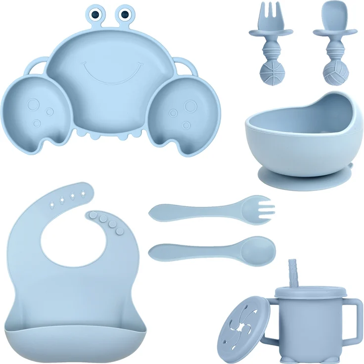 ABC Silikon-Babygeschirr-Set mit Saugnäpfen, 8-teiliges Set, Kinder-Essgeschirr-Set, beinhaltet rutschfeste Teller, Schüsseln, Becher, Löffel und Gabeln, BPA-frei (grau-blau) – Bild 1