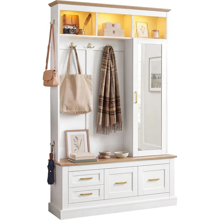 Kompaktgarderobe mit Spiegel und Sitzbank,Flurgarderobe mit Schuhschrank und Haken, Kleiderhaken,Kompaktgarderobe,Flurmöbel Set,Flurgarderobe Garderobenschrank für Diele, Kommode mit Spiegeltür,per Ap