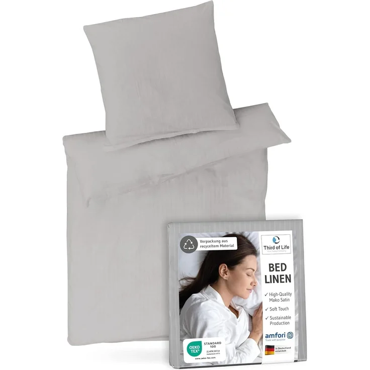 Mako-Satin Bettwäsche Grau gestreift 155x220 + 80x80