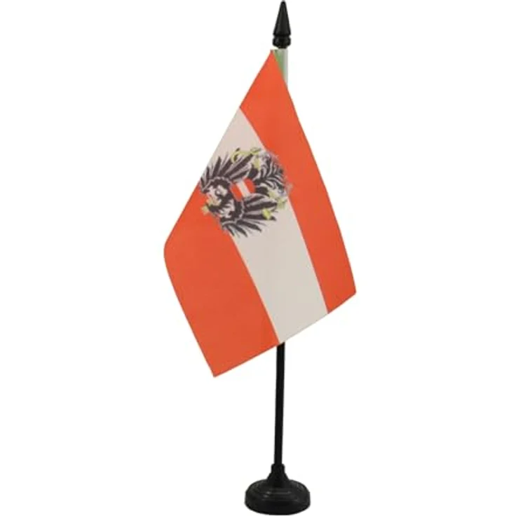 AZ FLAG 10 Stück Tischflagge Österreich mit Adler – 15 x 10 cm – 10 Mini-Österreichische Bürofahnen aus 100% Polyester mit Fahnenstange von 25 cm und Sockel aus schwarzem Kunststoff – Bild 1