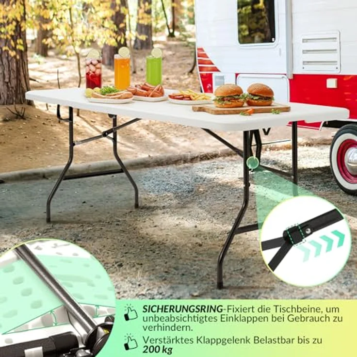Velway Gartentisch klappbar 180x74 cm Buffettisch - Schneller Einsatz Klapptisch für 6-8 Personen Kunststoff Campingtisch Partytisch mit Tragegriff für Garten Terrasse und Balkon Zusammenklappbar Weiß – Bild 6
