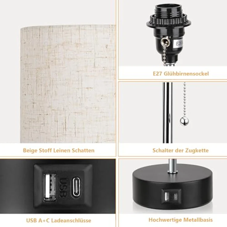 ROTTOGOON Nachttischlampe, Tischlampe mit USB A & C Ladefunktion, Otmeal | mit LED Glühbirne, 3000K/4000K/5000K, für Schlafzimmer Wohnzimmer – Bild 5