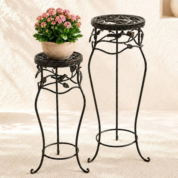 DanDiBo Blumenständer Metall Schwarz /Braun Antik Rund 18215 2er Set 65 cm / 78 cm Pflanzenständer Blumenhocker Beistelltisch Blumensäule Pflanzenhocker – Bild 1