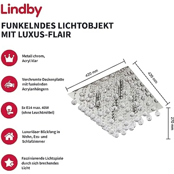 Lindby Deckenleuchten Annica, Metall, Transparent IP20, 5 x 40 W – Bild 2