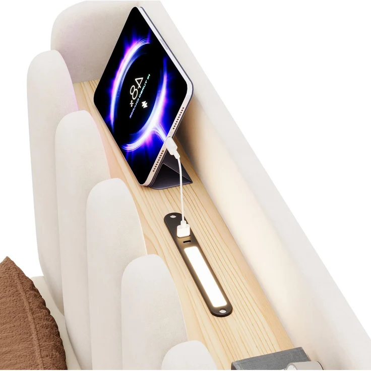 CHICFURN Polsterbett aus Samt, Beige, 90x200 cm, mit Stauraum und USB- und Type-C-Anschlüssen, mit Lattenrost – Bild 9
