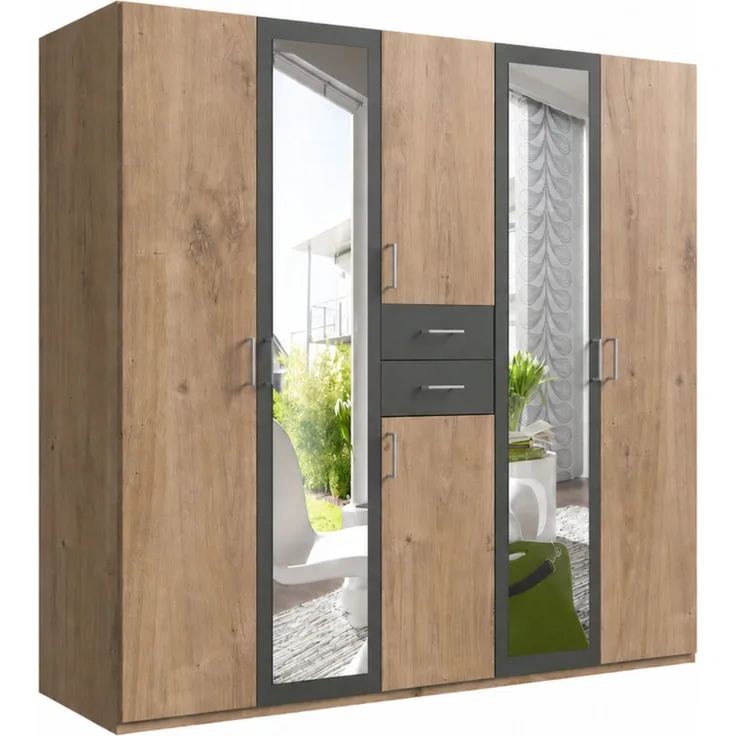 Drehtürenschrank Kleiderschrank 225cm Schubkästen Spiegel Eiche Dekor und Grafit