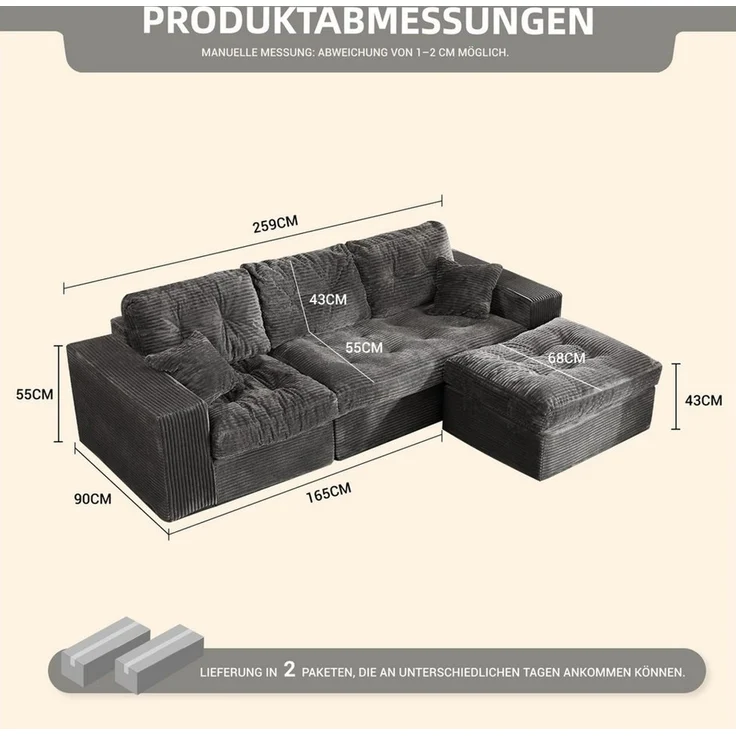 LITBIRD Ecksofa 3-Sitzer Sofa mit Marshmallow-Softpolster & Modulares Recamiere Sofa, 1 Teile, Cordstoff Schlafsofa & Relaxsofa, Wohnzimmer Sofa – Bild 2